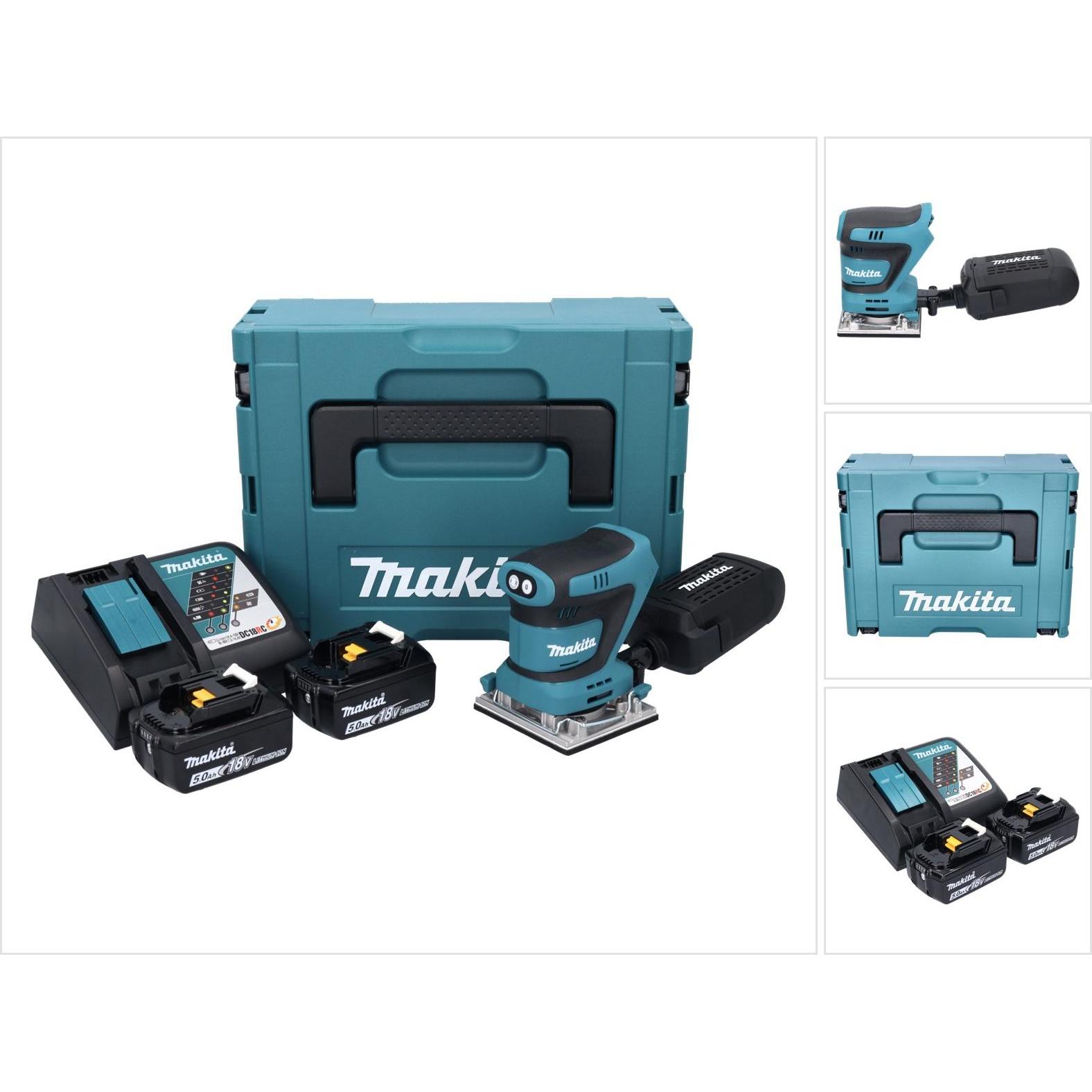 Makita, Rettificatrice + lucidatrice, DBO 482 RTJ Levigatrice orbitale a batteria 18 V 112 x 102 mm + 2x batteria 5,0 Ah + caricabatteria (Levigatrice