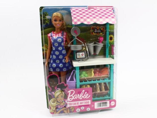 Produktbild Barbie Bauernmarkt-Spielset "Spass auf dem Bauernhof", -Puppe (blond), Marktstand, Acker, Gemüse, Brot