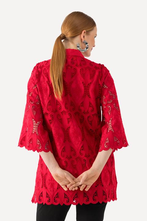 Image du produit Ulla Popken Chemisier en dentelle avec col chemise, silhouette en A, ourlet « festonné » et manches 3/4 (42, 44)