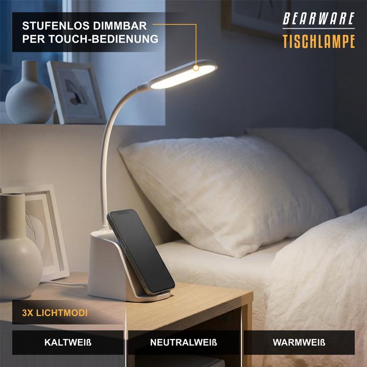 Actual product image Bearware LED Schreibtischlampe dimmbar mit Qi-Lader 15 W, Touch, warm/kalt/neutral, Nachtlicht, Stifthalter