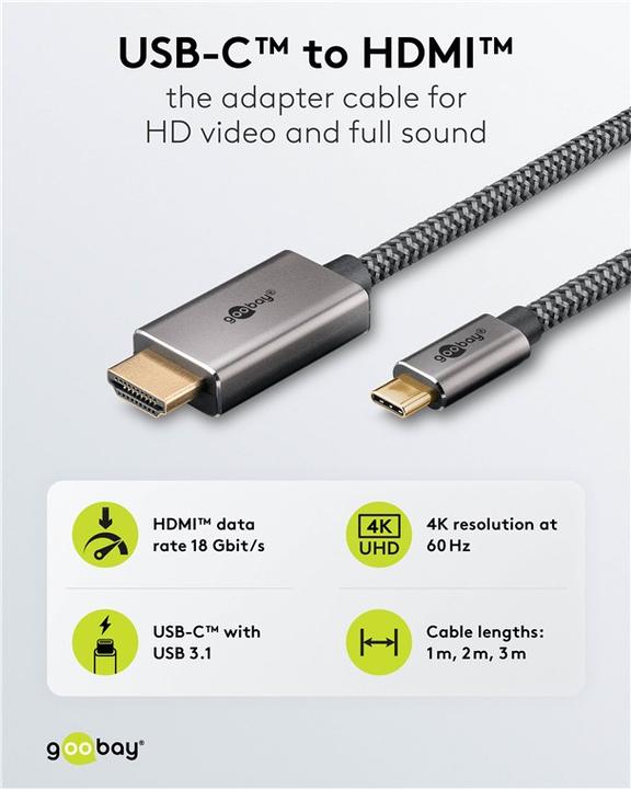 Actual product image Goobay USB-C-auf-HDMI-Textilkabel 4K @ 60 Hz, 1 m, schwarzsilber (1 m, USB Type C, 2.0)