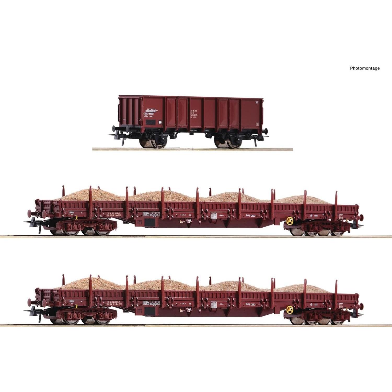 Roco 77041 H0 3er-Set Güterwagen Sandzug der DR Zwei Flachwagen Gattung Res, Offener Güterwagen Gattung (Spur H0) (77041)