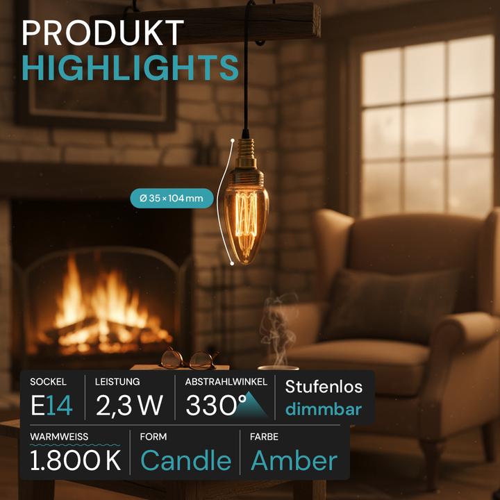 Produktbild Luxula LED-Filament-Lampe,, Vintage Kerze, E14, 2,3W, 65lm, 1800K (E14, 65 lm, 1 x)