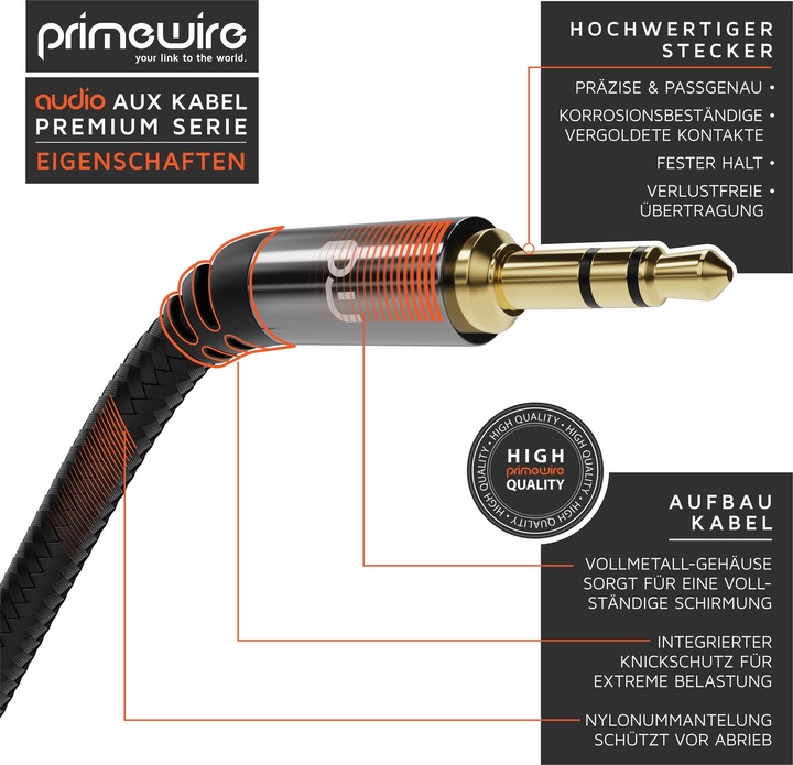Actual product image Primewire 3.5 mm AUX jack cable, audio cable with nylon sheath, 3.5 mm jack to jack audio cable (2 m, 3.5mm jack (AUX))