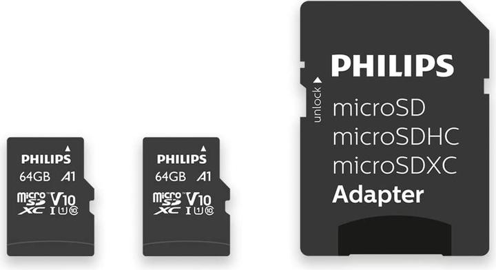 Image du produit Philips MicroSDXC 2-Pack 64GB Class 10 UHS-I U1 incl. adaptateur (64 Go, microSDXC, U1, UHS-I)