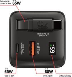 Image du produit Verbatim GaN Charger Retractable Cable (65 W, 3 ports)