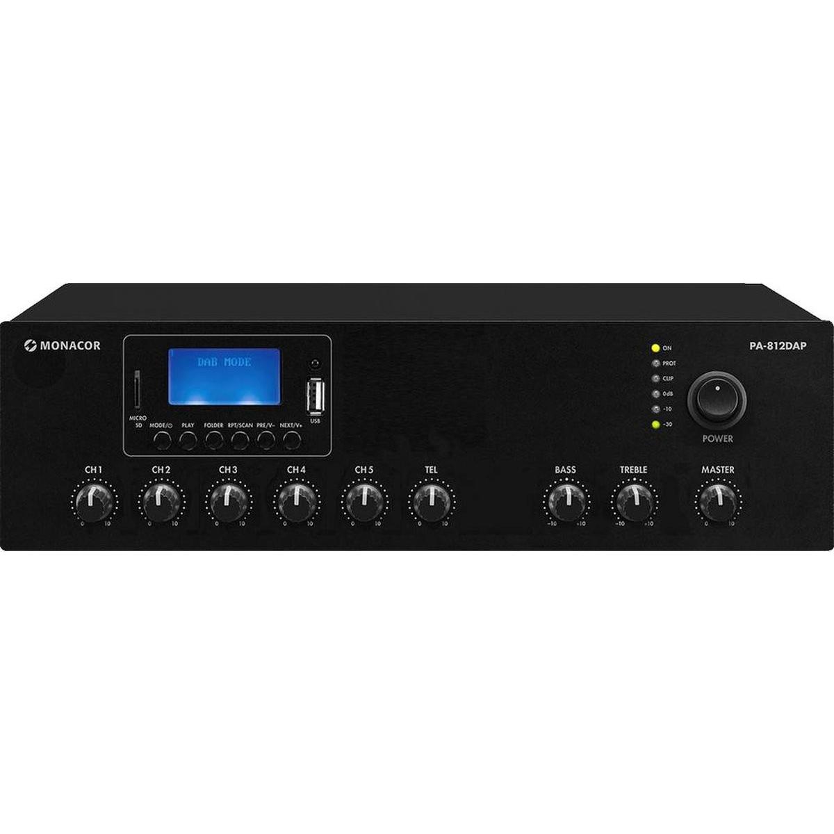 Monacor Amplificatore mixer mono classe D ELA 120 W, MP3, USB/SD, FM, DAB+, BT (Amplificatore a tubi), Amplificatore stereo, Nero
