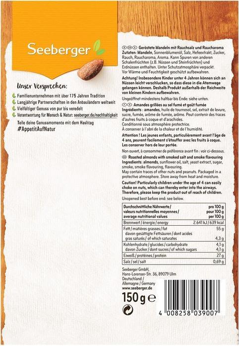 Nährwerte und Zutaten Seeberger Rauchmandeln (150 g)