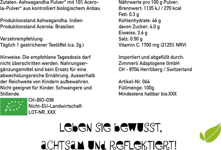Produktbild Zimmerli Adaptogene Ashwagandha Pulver (1 Stück, Pulver, 100 g)