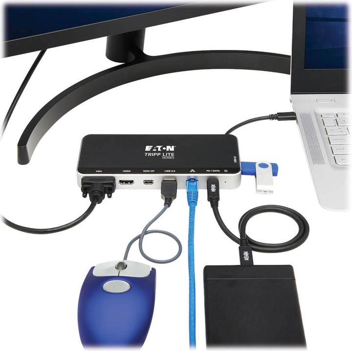 Actual product image Eaton USB Dock Triple Display 4K HDMI & mDP VGA USB 3.2 Gen 1 USB-A/C Hub GbE 60W PD Charg (USB-C)