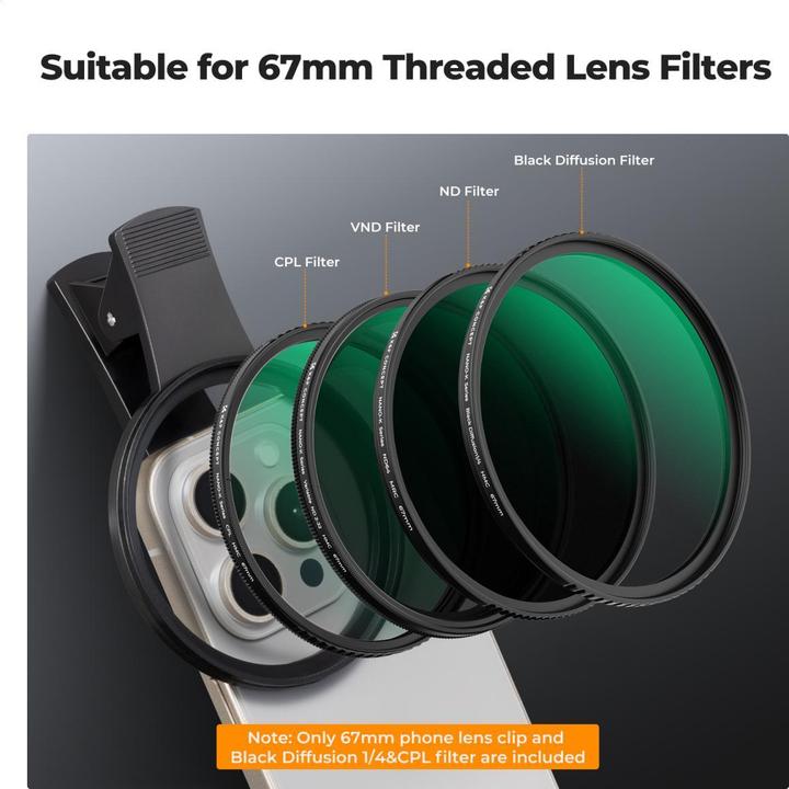K&F Concept 67mm Universal Type Phone clip, with 67mm 2-in-1 CPL&Black Mist 1/4 Filter, 18-layer green coated