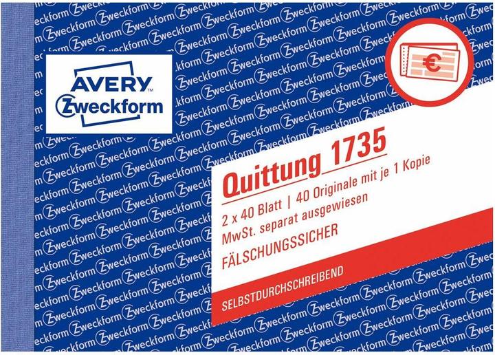 Actual product image Avery Receipt 1735 stated VAT. (40x)