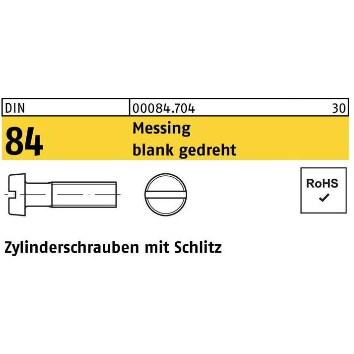 Schrauben, Zylinderschraube DIN 84/ISO 1207 Schlitz M 1 x 3 Messing blank gedreht (100 Schrauben pro Stück)