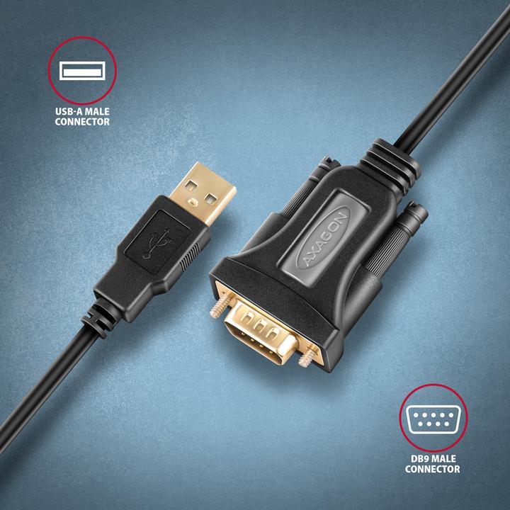 Produktbild Axagon ADS-1PQN, USB-A 2.0 - sÃ©riovÃ½ RS-232 DB9-M FTDI adaptÃ©r / kabel (1.50 m)
