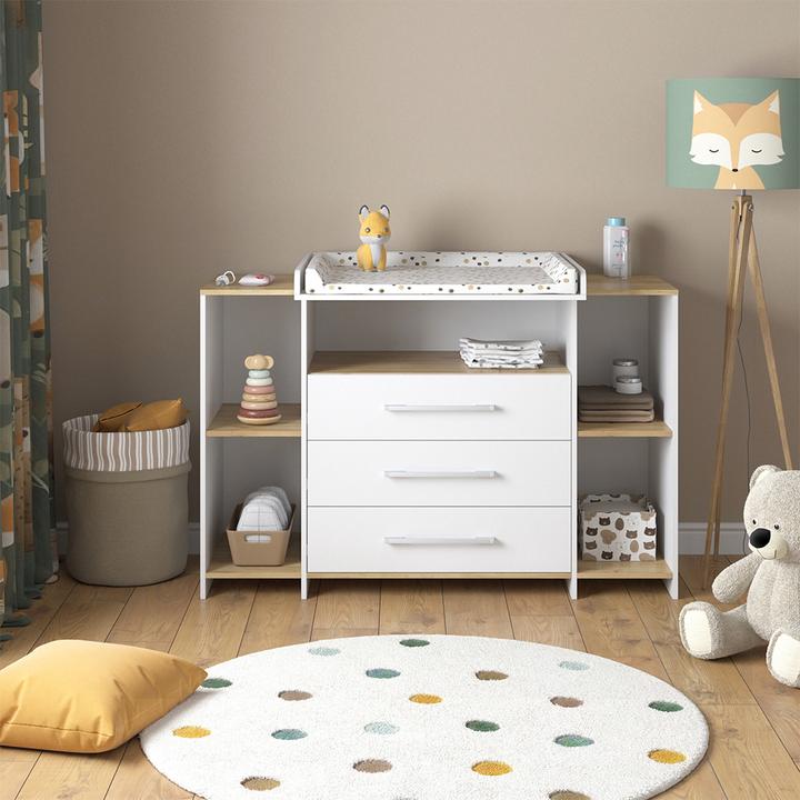 Produktbild Vicco Wickelkommode Oskar, Weiss/Goldkraft Eiche, 143.2 x 93 cm mit 3 Schubladen