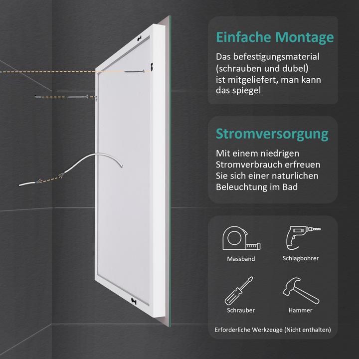 Produktbild Emke Badspiegel mit Beleuchtung 70x50 cm, Kaltweiss, Wandmontage, IP44, HD, beidseitig montierbar (70 x 50 cm)