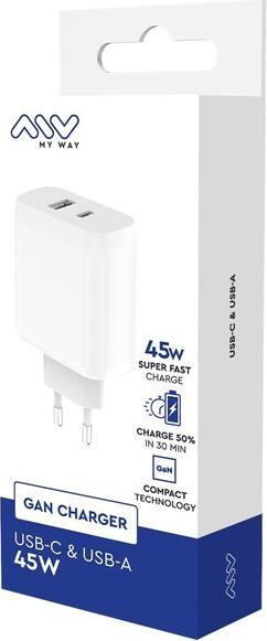 Image du produit My Way Chargeur Secteur Gan 45w USB-C USB-A Blanc (57 W)