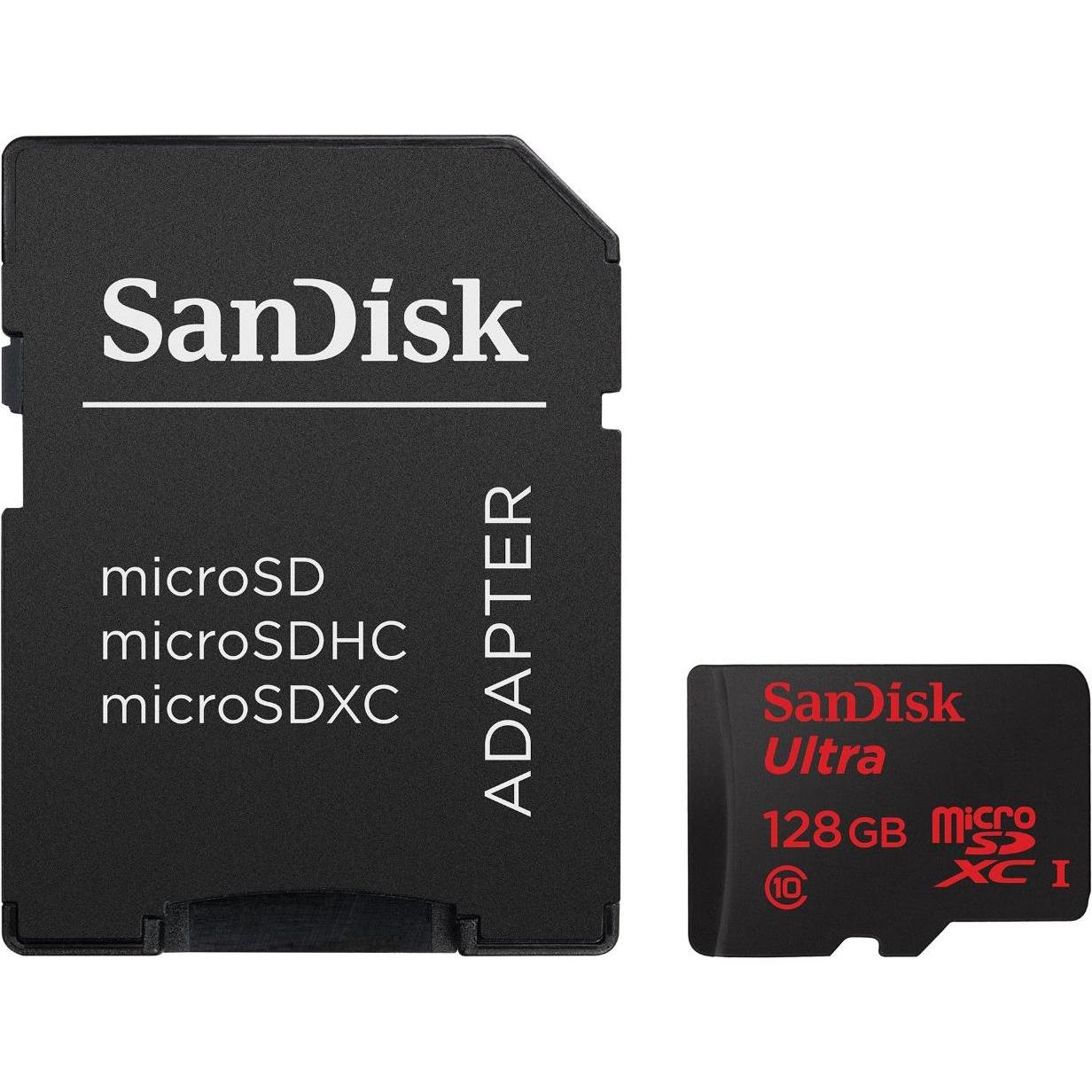 SanDisk Ultra microSDXC U1 mit Adapter (128 GB, microSDXC, U1, UHS-I), Speicherkarte, Schwarz