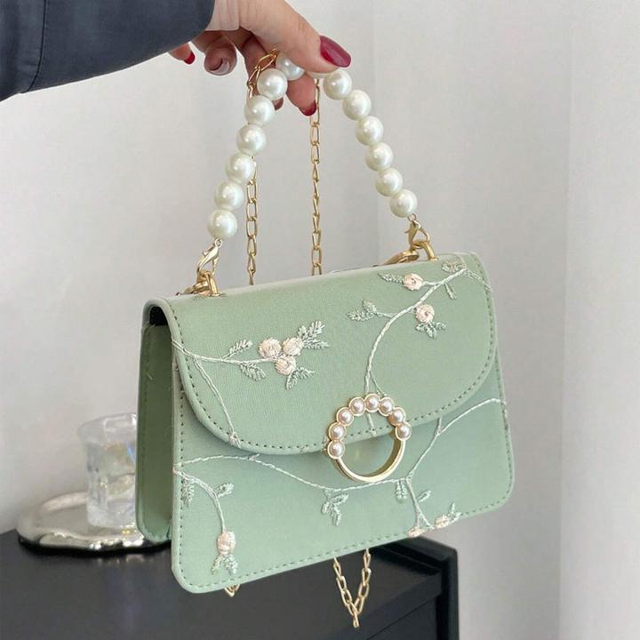 Only-Bags.Store Elegante, floral bestickte, quadratische Mini-Tasche mit Kunstperlen-Akzenten und verstellbarem