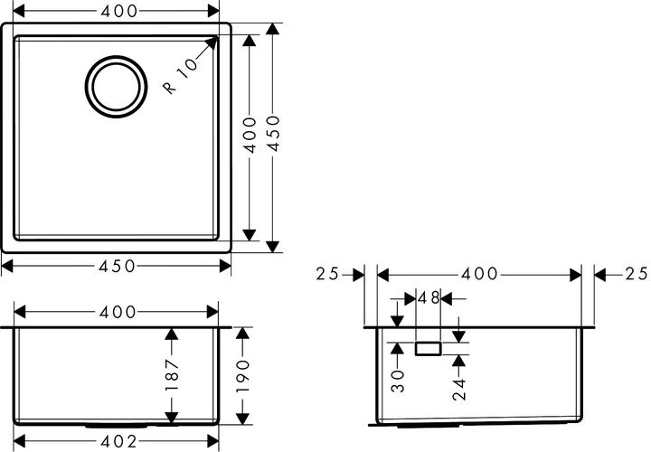Actual product image hansgrohe HG undermount sink 400 S719-U400 stainless steel (Top-mounted sink, 45 cm, 45 cm)