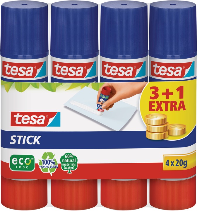Produktbild tesa 4x Klebestift ecoLogo, geruchsneutraler Klebstick für Papier / Pappe