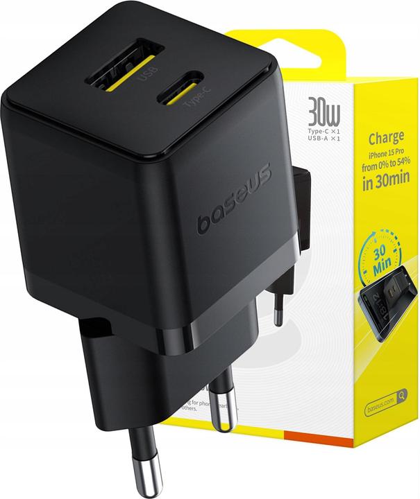 Image du produit Baseus - Wall Charger Palm (P1011160A113-00) - Fast Charging, 2in1, USB, Type-C, 30W - Cluster Black (30 W, 2 ports)
