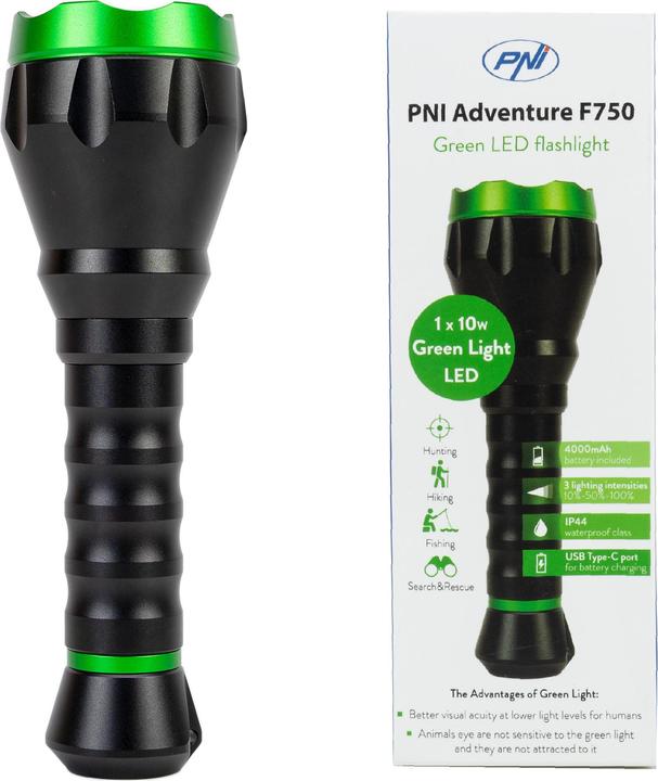 Actual product image PNI Adventure F750 Green Light aluminium torch, LED 10 W, 500 lm, up to 850 m, IP44, 4000 mA (5.50 cm)