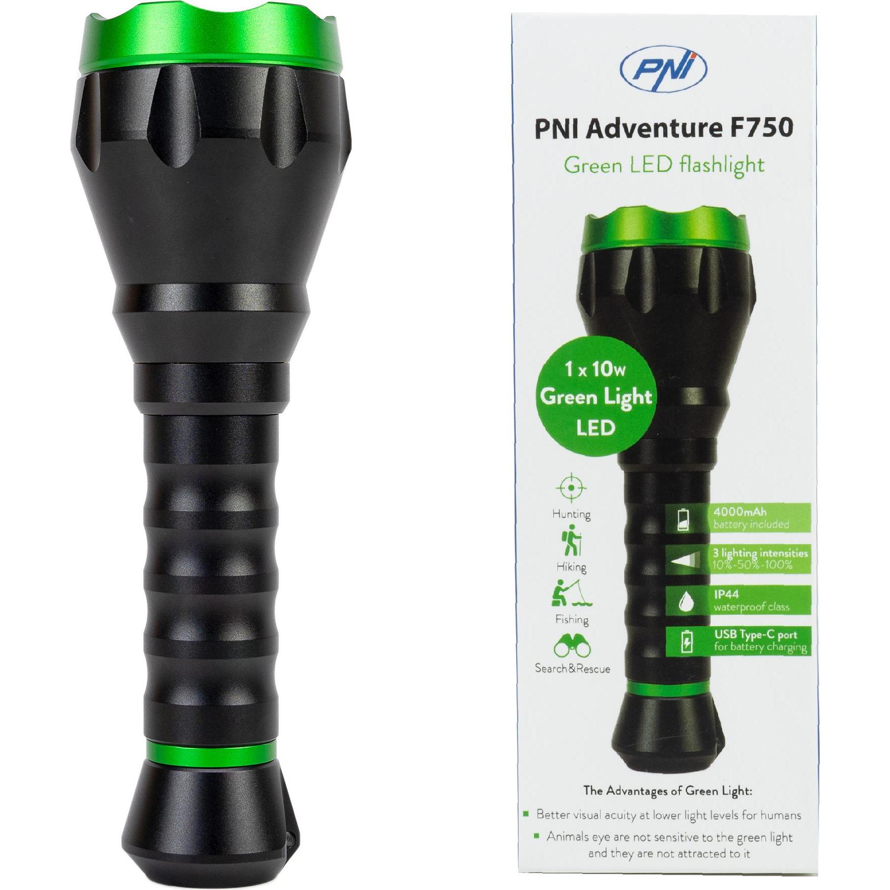 Thumbnail - PNI, Taschenlampe, Adventure F750 Green Light Aluminium-Taschenlampe, LED 10 W, 500 lm, bis zu 850 m, IP44, 4000-mA (5.5...