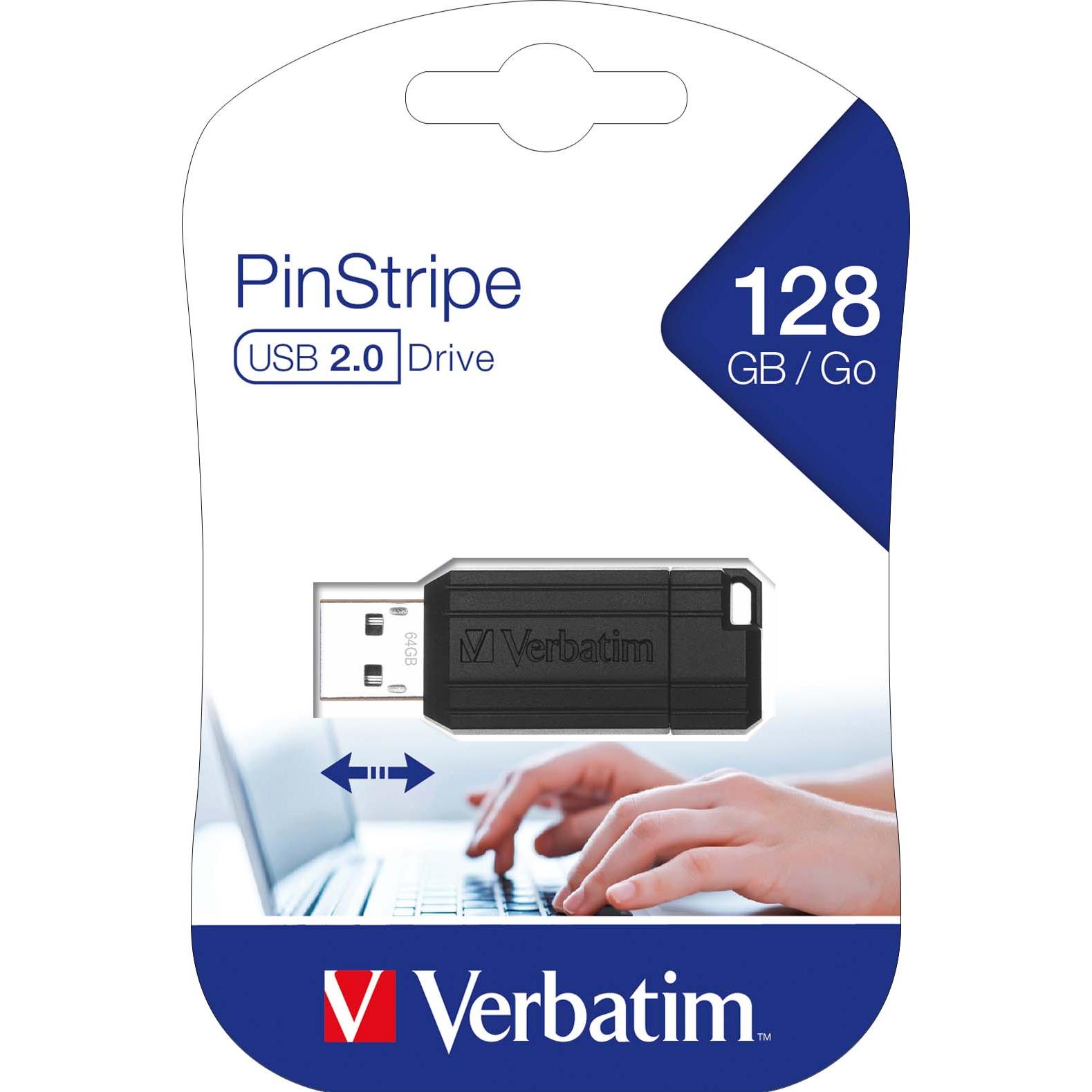 Verbatim PinStripe (128 GB, USB 2.0, USB-A), USB Stick, Schwarz