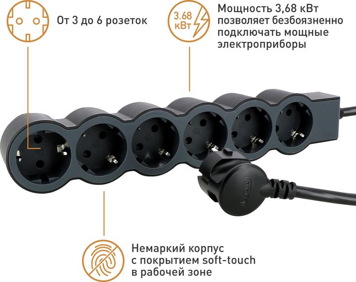 Actual product image Legrand Flat socket strip 6x socket, 3 metre cable Black 694566 (6 x, CEE, CEE 7/3, 3 m)