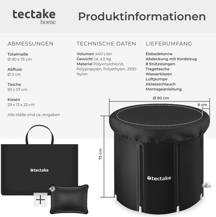 Image du produit tectake bain de glace Helsinki, pliable, triple isolation, incl. pompe (440 l, 90 cm, 90 cm)