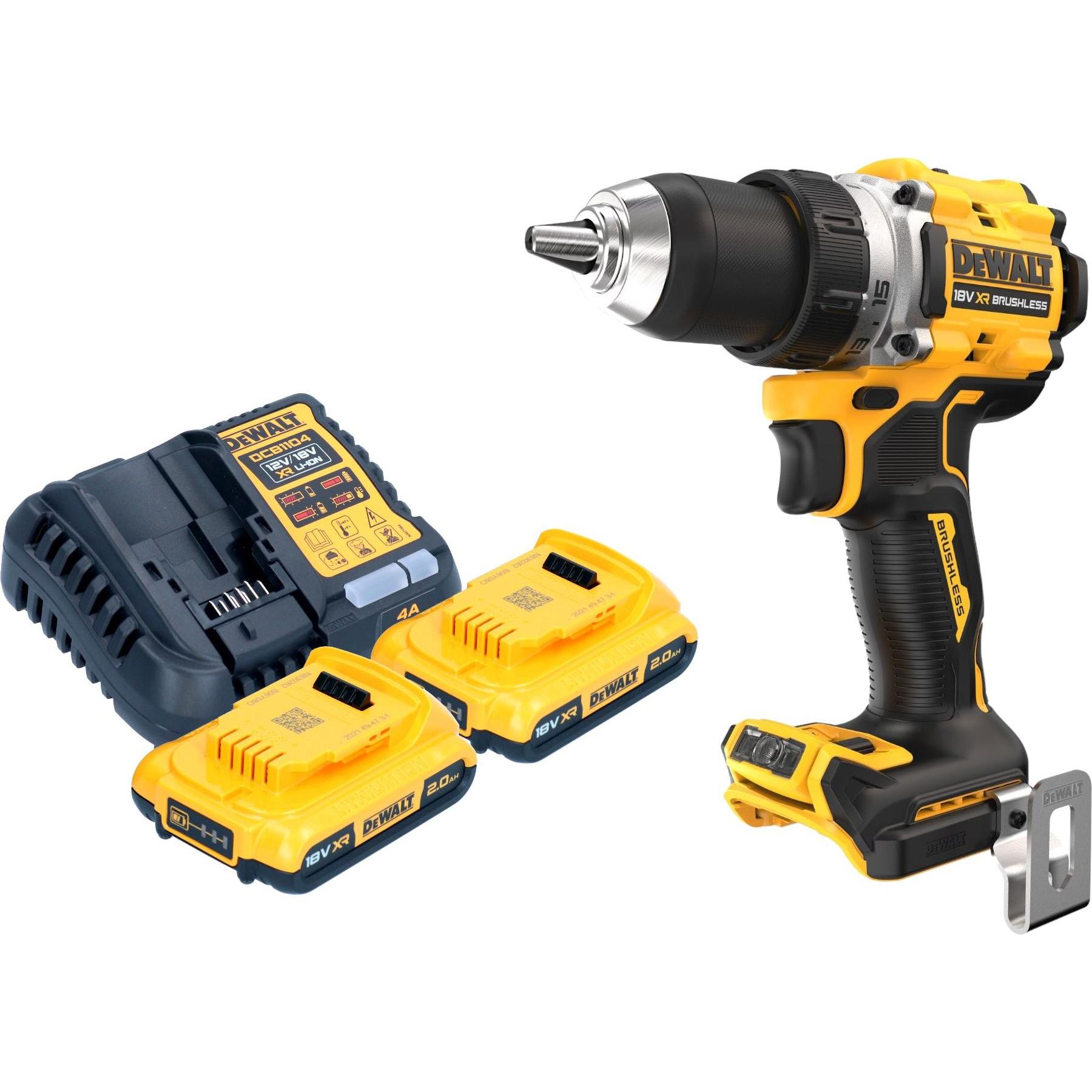 DeWalt, Bohrmaschine + Akkuschrauber, DCD 800 D2 Akku Bohrschrauber 18 V 90 Nm Brushless + 2x Akku 2,0 Ah + Ladegerät (A...