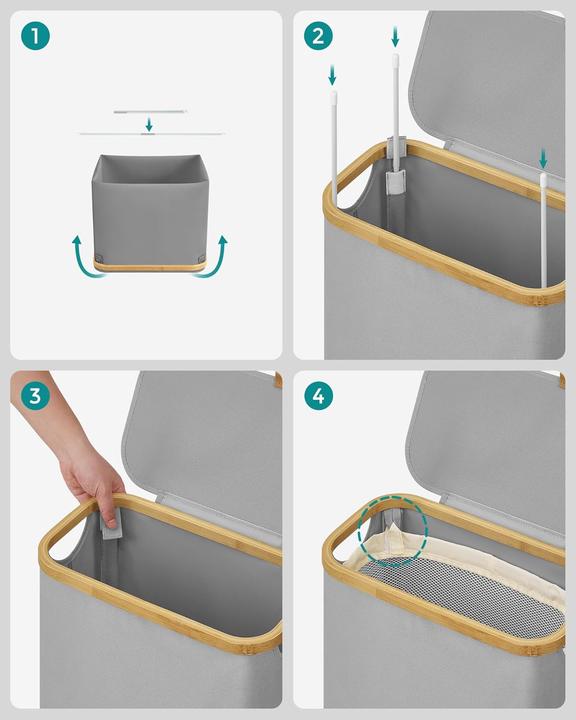 Produktbild Songmics Wäschekorb zusammenklappbar mit Bambusgriffen taubengrau (65 l)