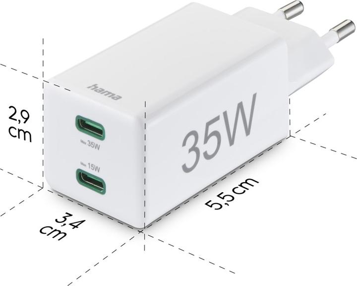Image du produit Hama Chargeur rapide + câble, 2x USB-C, PD/QC, mini-chargeur, 35W, 1 m, blanc (35 W, 2 ports)