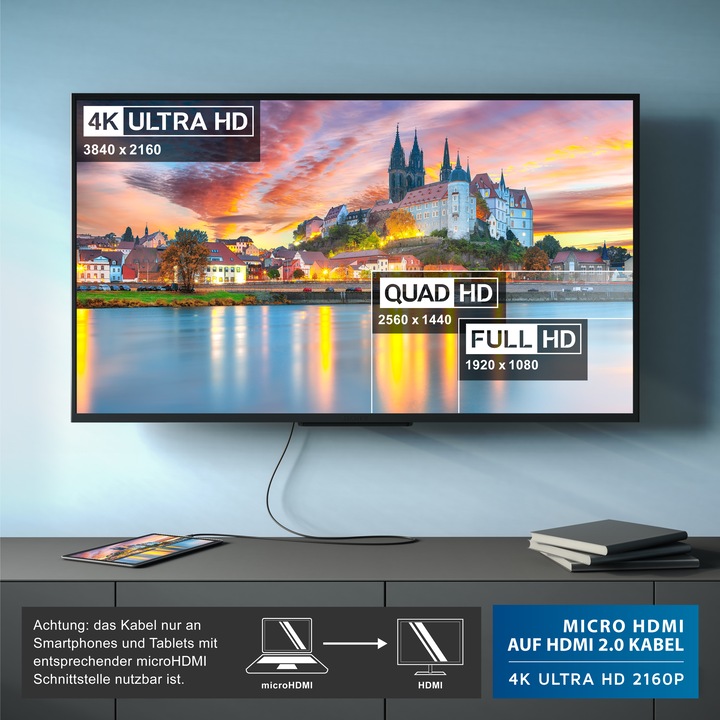 Produktbild CSL Micro HDMI Kabel 2.0 - 4k 60Hz Ultra HD - Full HD - 3D - Ethernet - 1080p 2160p - 3 fach geschirmt (1 m, HDMI)