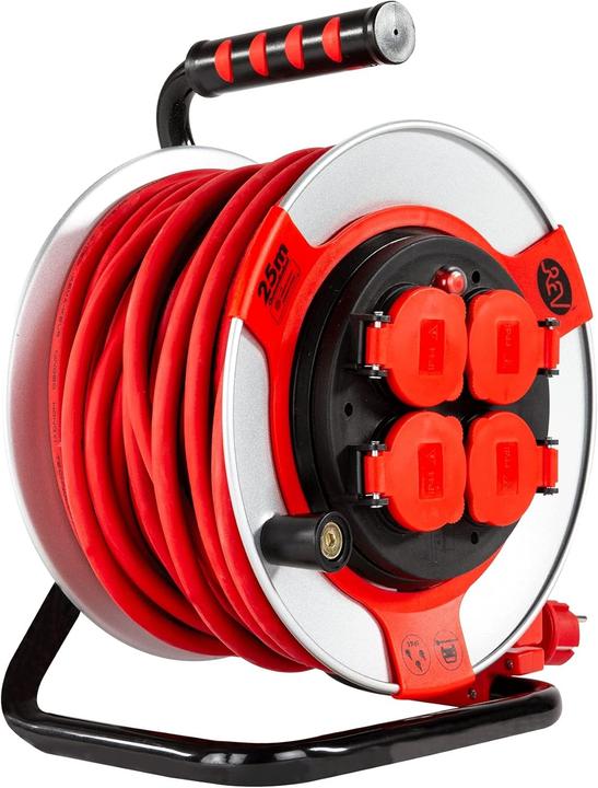 Actual product image REV Cable reel EX 25 m H07RN IP44 3000W with sanding contact outdoor 4 earthed sockets red (25 m)