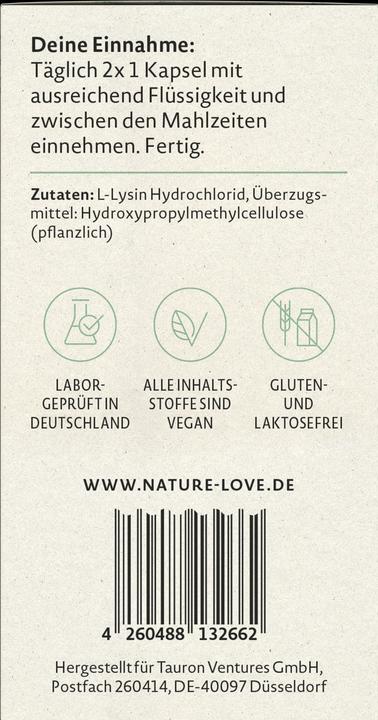 Nährwerte und Zutaten Nature Love L-Lysin (180 Stück, Kapseln, 107 g)