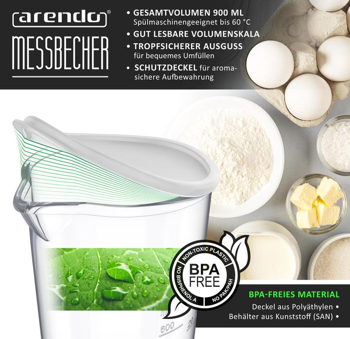 Actual product image Arendo Messbecher mit Deckel, 600ml, Mixbecher, Klarsichtbecher aus Kunststoff, für Stabmixer & Handmixer (900 ml)