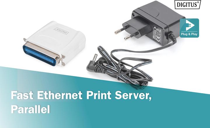 Image du produit Digitus Serveur d'impression Fast Ethernet 1xParallèle 1xRJ-45 avec bloc d'alimentation