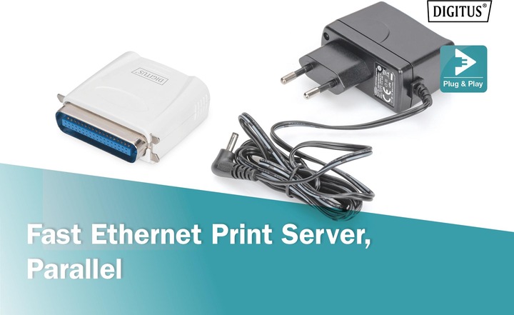 Image du produit Digitus Serveur d'impression Fast Ethernet 1xParallèle 1xRJ-45 avec bloc d'alimentation
