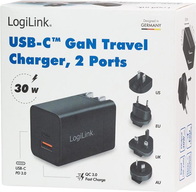 Actual product image LogiLink USB socket travel adapter, 1x USB-A, 1x USB-C, GaN technology, 30 W (30 W, 2 ports)