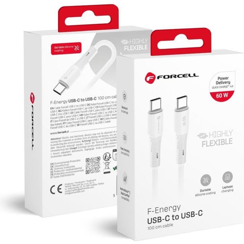 Forcell Cable F-ENERGY C344 cable Type C to Type C QC4.0 PD 3A 60W Silicone 1 m white (1 m, USB 2.0, 60 W), Cavo USB