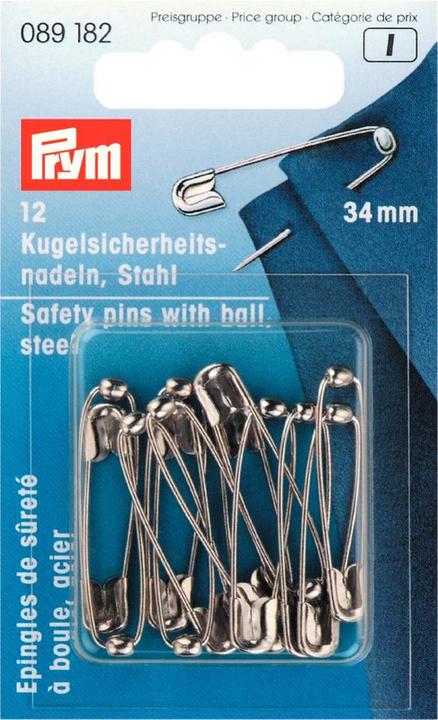 Actual product image Prym Ball safety pins, silver no. 1, 34 mm, card 12 pcs, steel