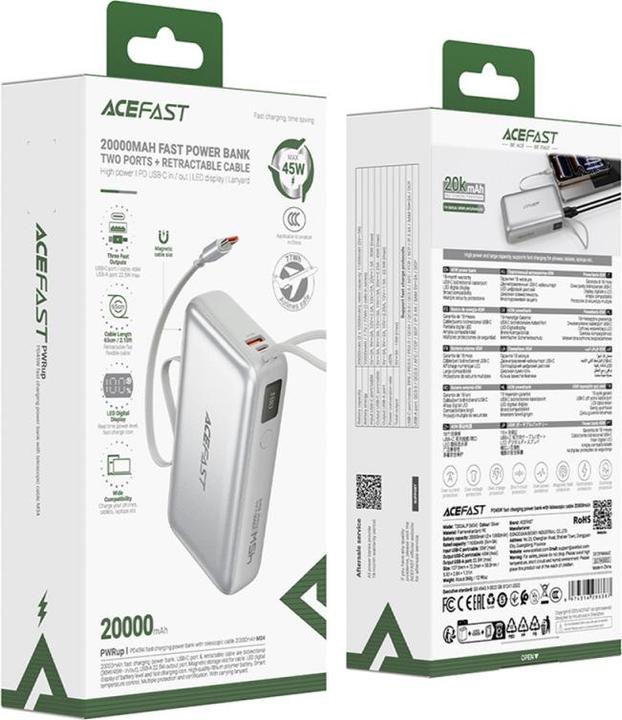 Actual product image Acefast - Power Bank (M34) - with Telescopic Cable, Type-C, Fast Charge, PD45W, 20000mAh - Silver (20000 mAh, 45 W)
