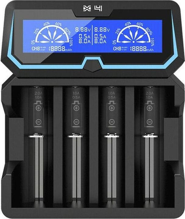 Xtar Caricabatterie per X4 18650 AA AAA celle Ni-MH Li-Ion 4 posti (1 pz., 12650, 13500, 13650, 14500, 14650, 16340, 16650, 17335, 17355, 17500, 17650, 17670, 18350, 18490, 18500, 18650, 18700, 20650, 21700, 22650, A, Sub-C, AA, AAA, Batteria + Caricabatterie)