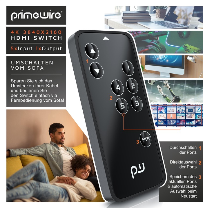 Immagine prodotto Primewire Switch HDMI 2.0, switch HDMI Ultra HD 4K a 5 porte con telecomando, distributore 5x IN/1x OUT
