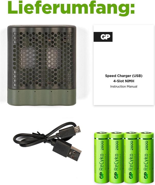 Produktbild GP Batteries ReCyko M451/270 4-Port USB Ladegerät inkl.4xAA NiMh 2600mAh (5 Stk., AA, AAA, 2600 mAh, Ladegerät inkl. Akku)