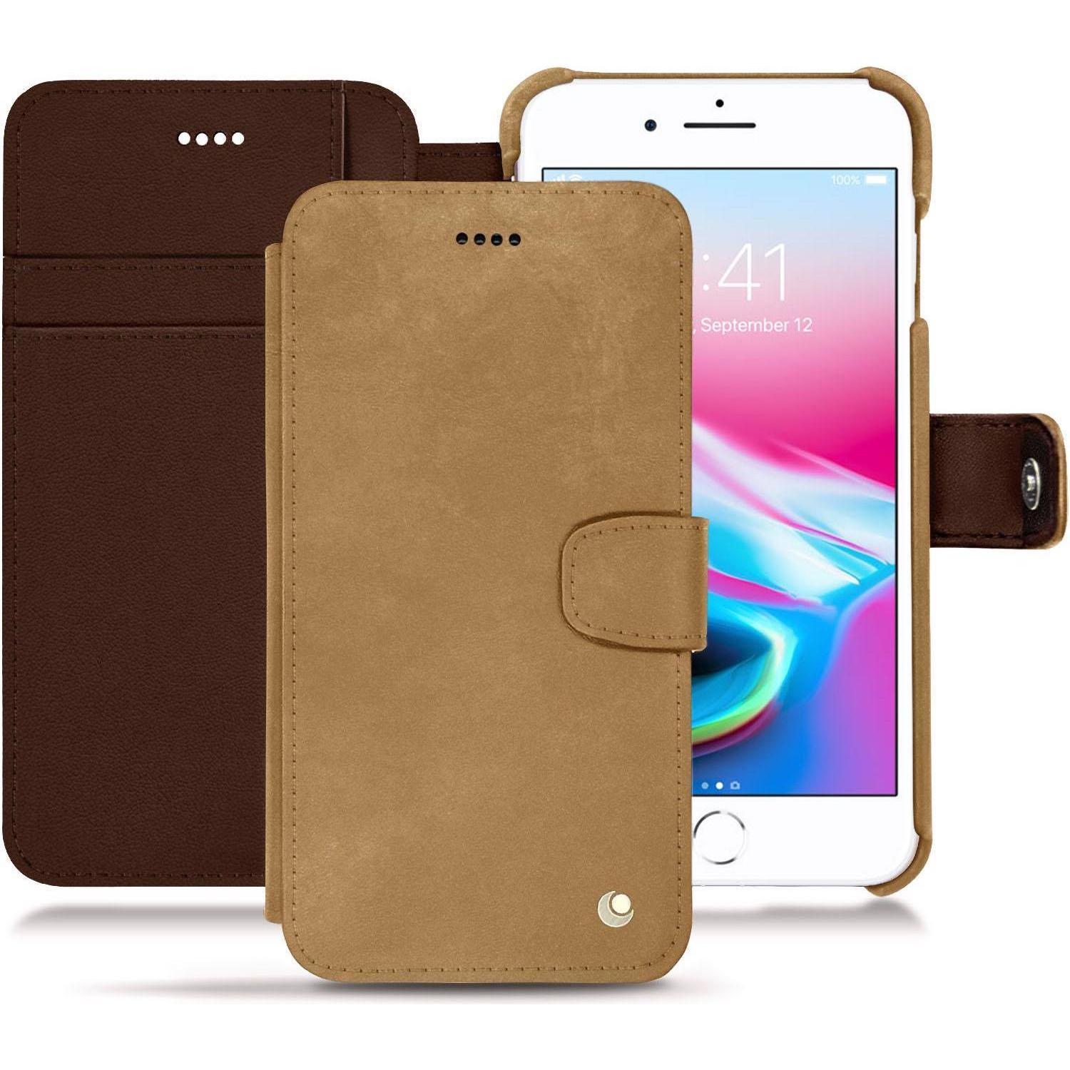 Noreve Lederschutzhülle Wallet (Apple iPhone 8 Plus), Smartphone Hülle, Braun
