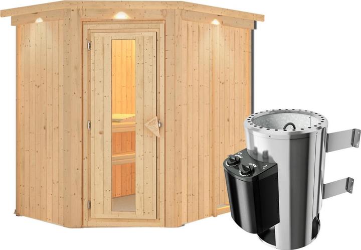 Actual product image Karibu Sauna Caspin corner entry, cornice (Plug & Play 3.6 KW internal control)