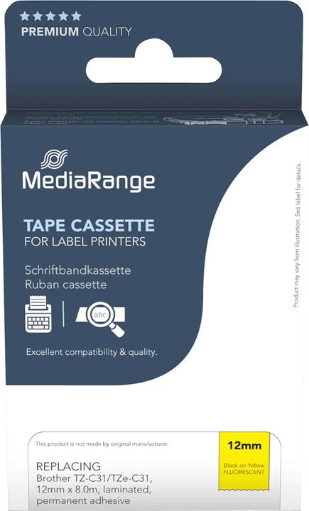 Produktbild MediaRange Schriftbandkassette schwarz auf signalgelb 5m x 12mm (1.20 cm, Gelb, Schwarz)
